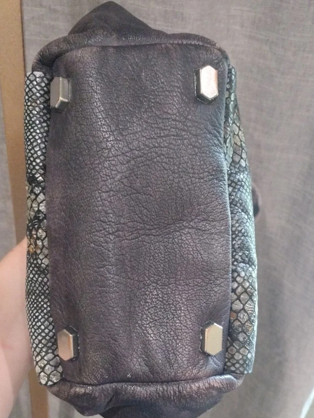 Textured Gray Snake-Print Tote with Leather Sides